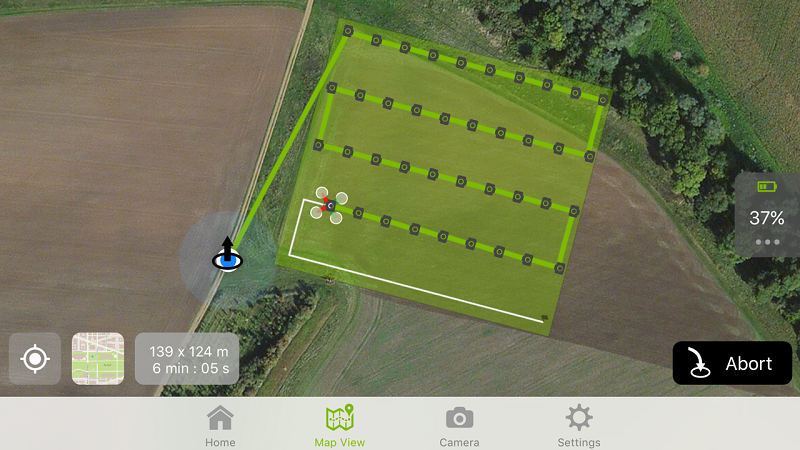 In survey mode, the drone completes a pre-planned mission which triggers the camera at pre-defined waypoints.