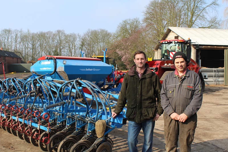 Harry Barton (left) and drill operator Rick Woods wanted a low disturbance drill that was wide enough to cover the cropping area and capable of direct drilling.