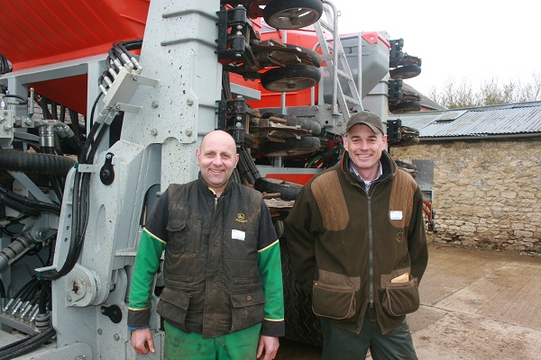 MIke Markham and Kevin Willis with the Cross-Slot drill (use with story): Mike Markham’s (right) Cross-Slot drill, operated by Kevin Willis is pitched in the on-farm trial against a Väderstad TopDown and Rapid system. 