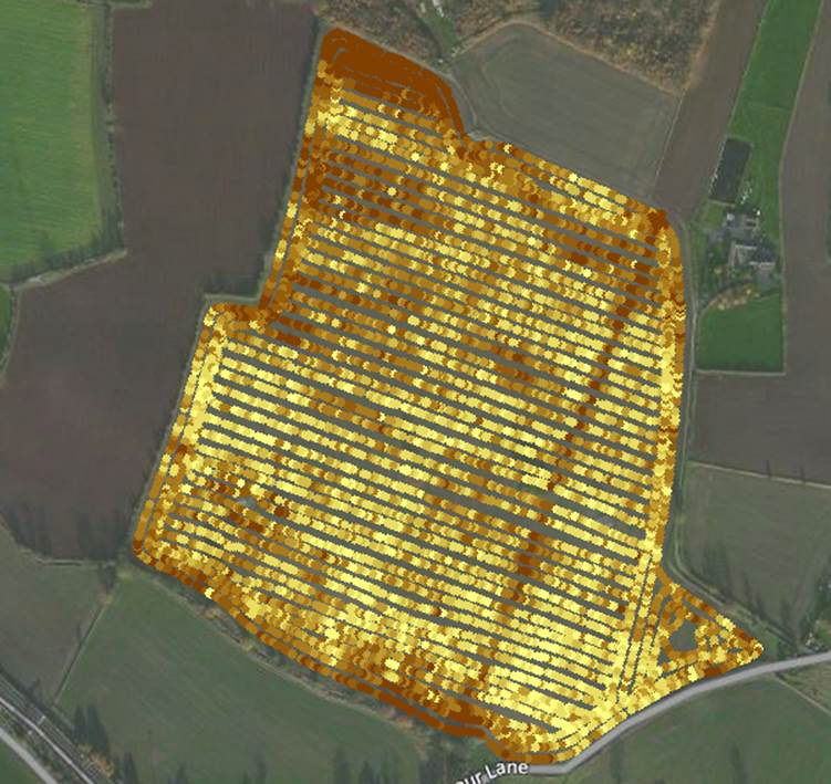 An electrical conductivity scan of the SPot Farm site shows an area of heavier soil as well as an old pipeline across the right-hand section of the field.