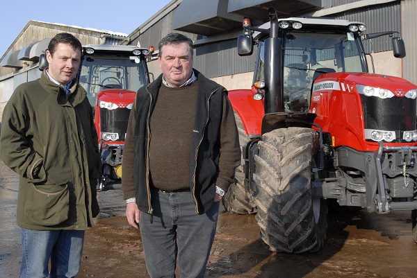 Ben (left) and Eric Drummond with two from the fleet of MF tractors used across the large and diverse farming business.