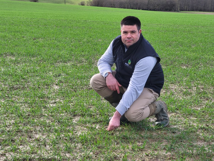 An image of a man with short dark hair crouching in a crop field, wearing a gilet.